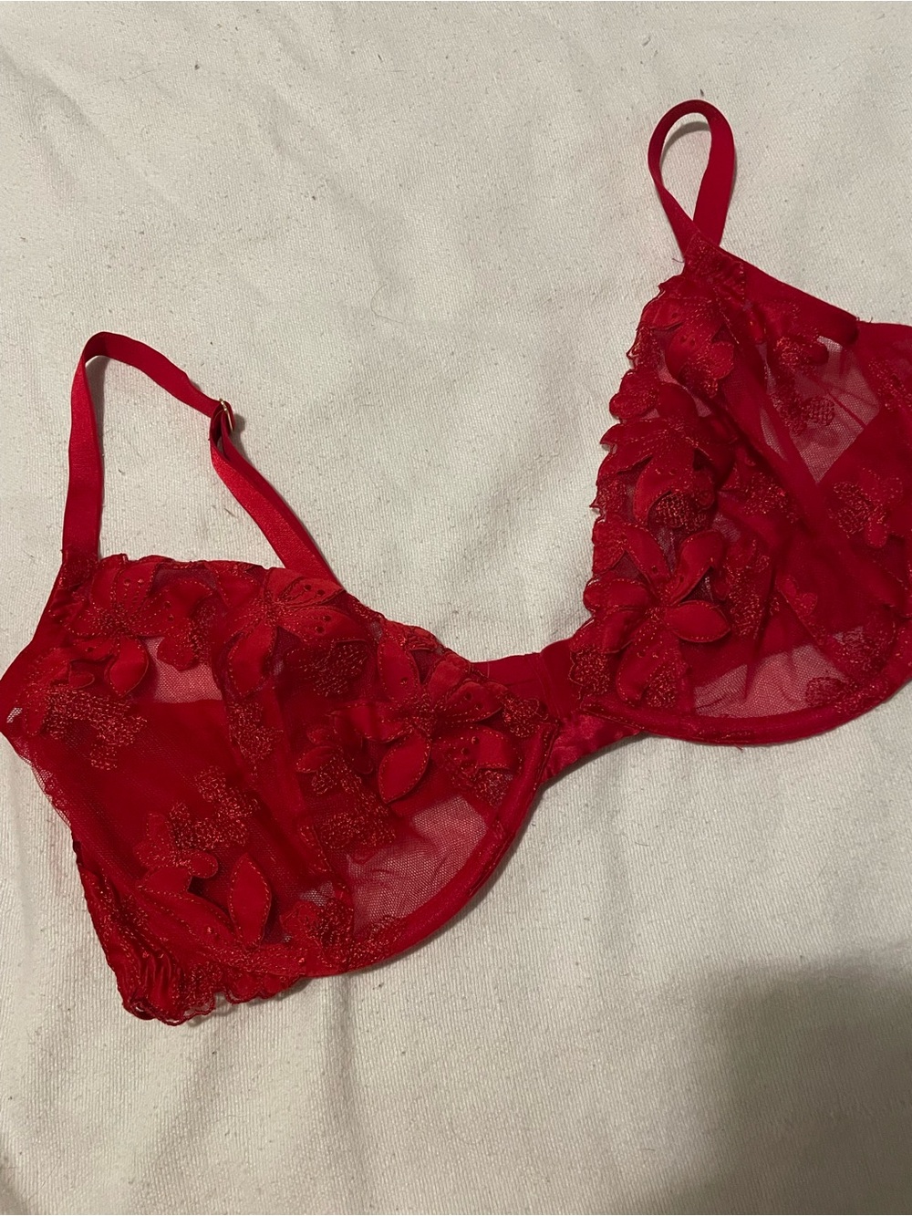 Victorias Secret 38DD Sheer Floral Lace Underwire Bra - Red